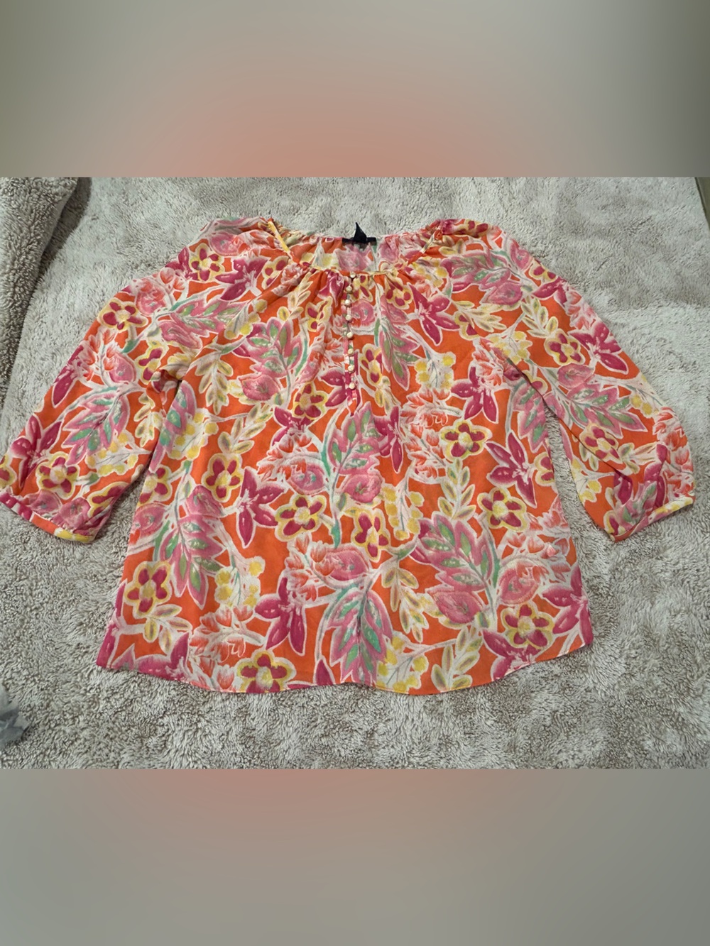 Chaps Orange Floral Button-Front Blouse with Pink and Yellow Accents